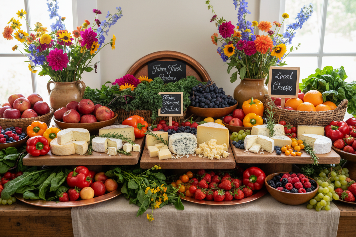 a beautiful table of fresh fruits, vegetables, cheese and fresh flowers