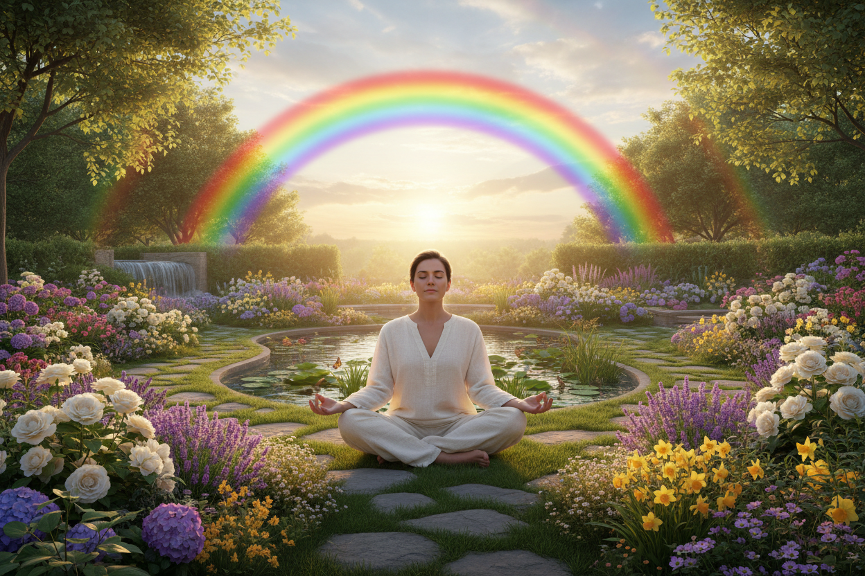 a person meditating in a peaceful garden, with a big rainbow above their head