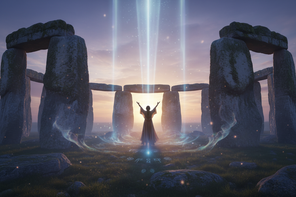a person that is standing in a stone circle with arms raised