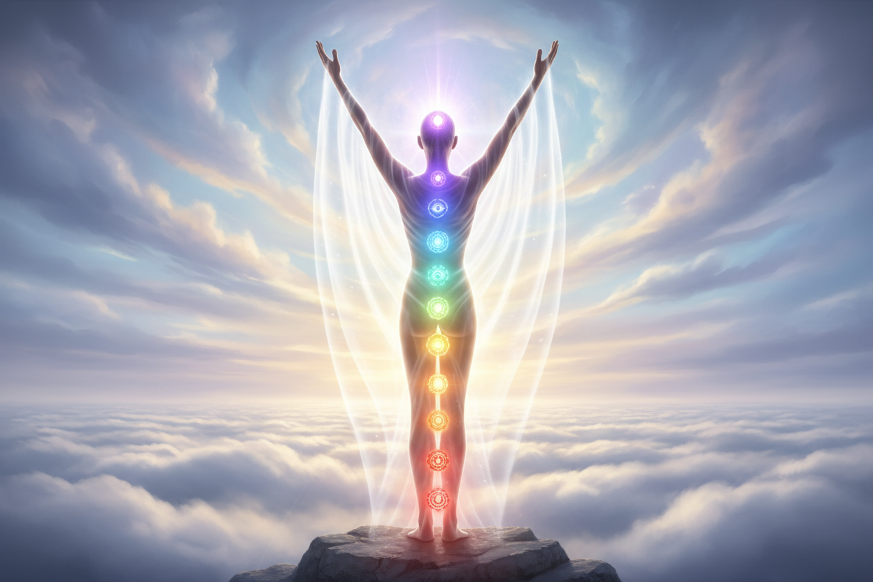 a soul, back facing, they are looking out into clouds ,  standing with arms stretched towards the heavens and all of the chakras are aligned with the colors of the chakras glowing anda white aura is around that