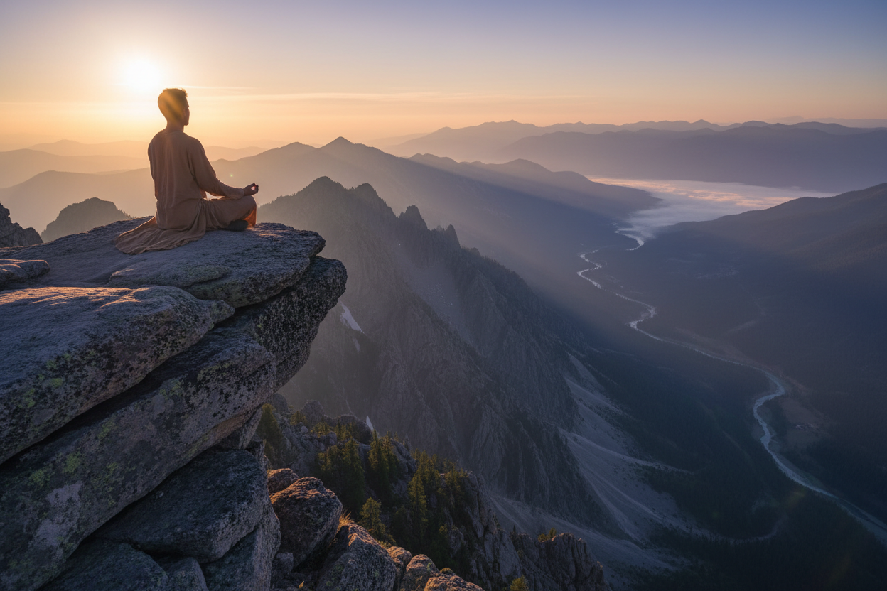 can the person be facing away( there back to us) or a side view,  so the mountain and the side, or back is at the top left corner, looking over the beautiful landscape