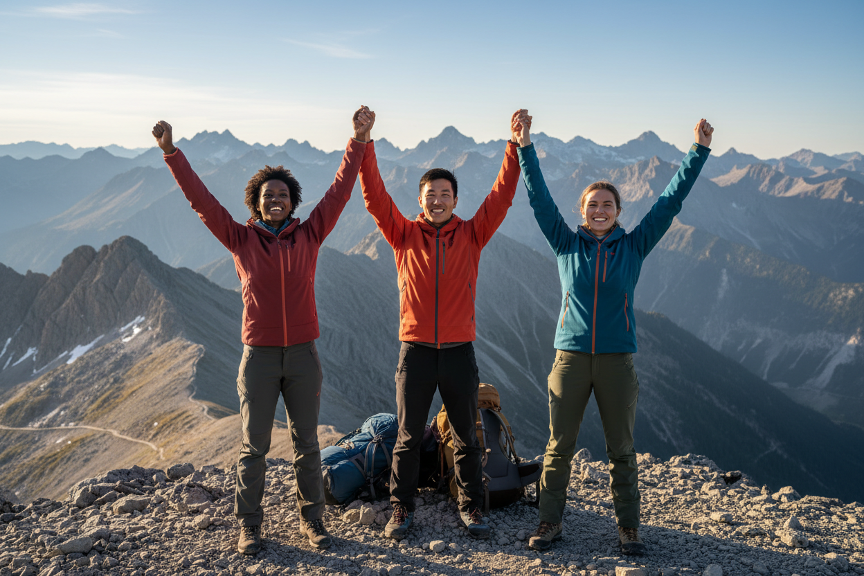 same background, but three peple with hands raised, but holding hands